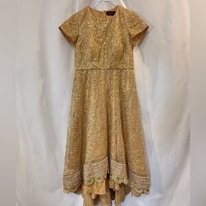 Sasha James Couture Gold Sequin Beaded Formal Dress Wedding Party Romantic